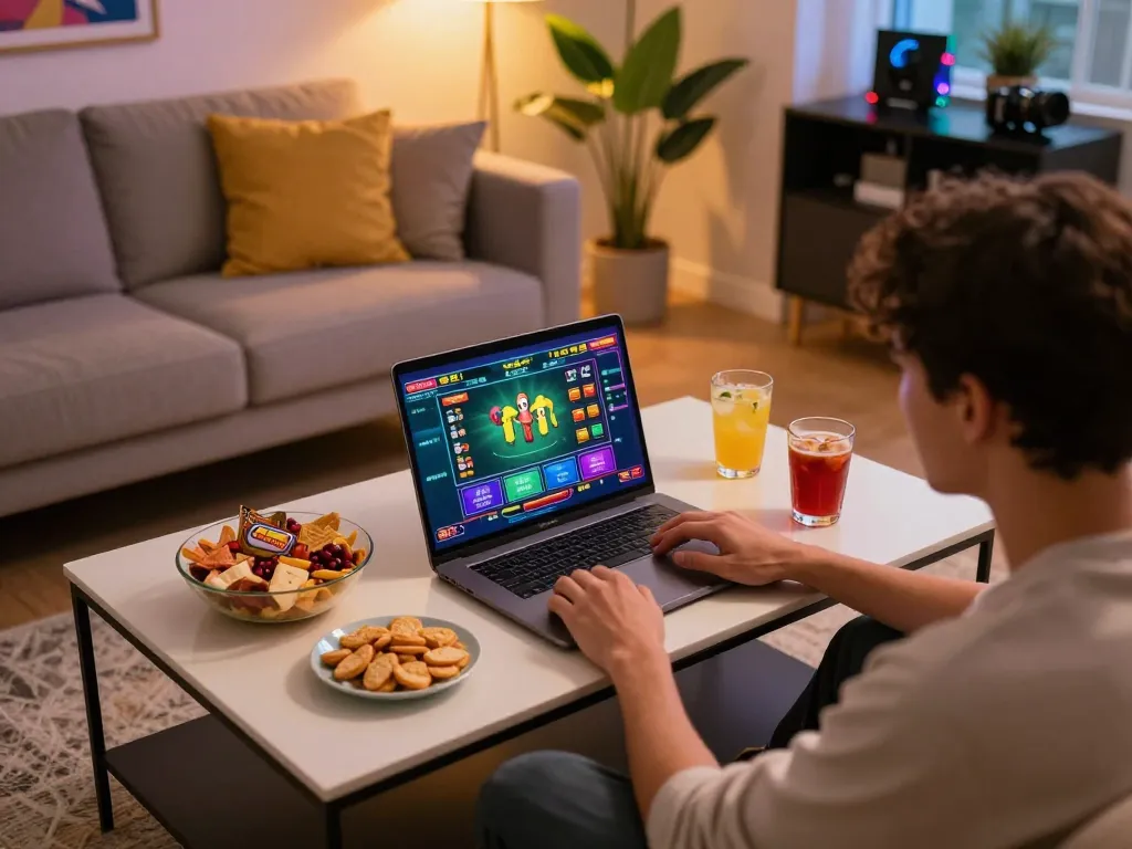 Pemain situs togel terlibat dalam taruhan online dengan visual laptop yang cerah di ruang tamu yang nyaman.