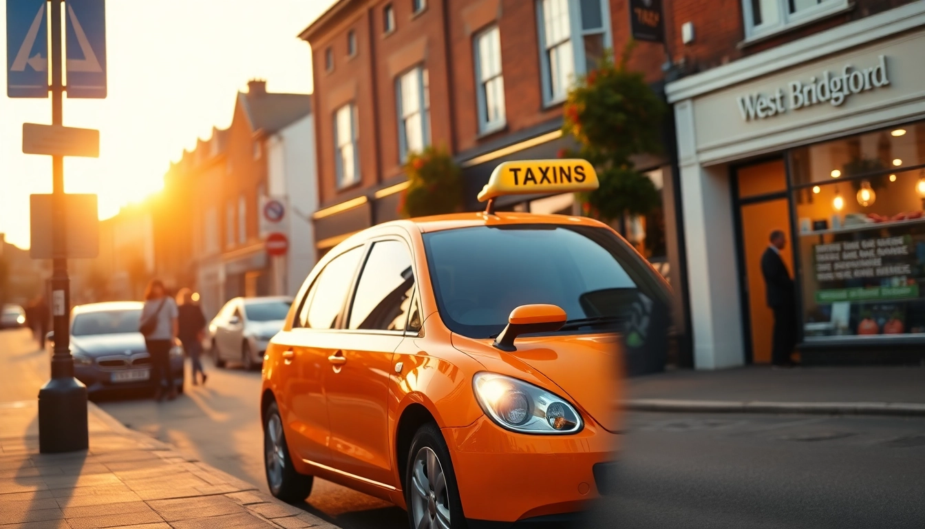 Book a reliable West Bridgford Taxi in a lively urban setting with warm lighting.
