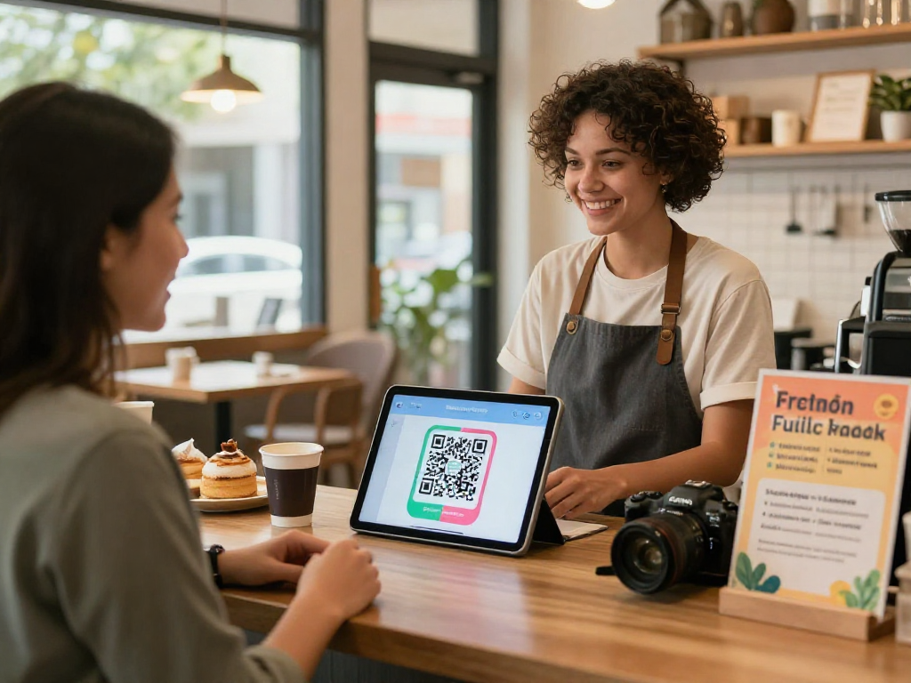 Customer interaction at a coffee shop with a loyalty app displayed, highlighting rewards and engagement.