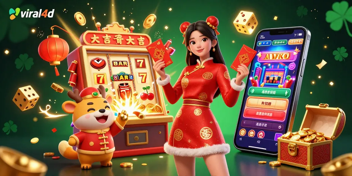 Play slot machines for jackpots with viral4d in a colorful Lunar New Year-themed illustration.