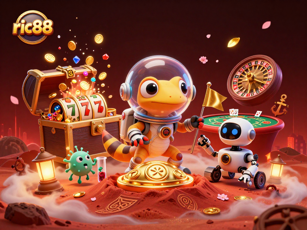 Engage with ric88's thrilling 3D Martian casino scene showcasing retro slots and colorful treasure.