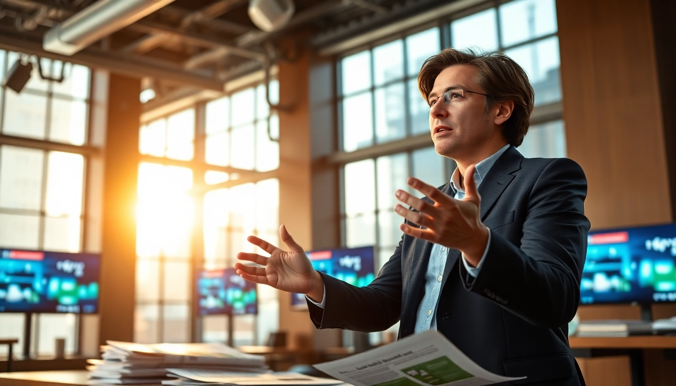 Journalist presenting the latest news in a vibrant newsroom setting.