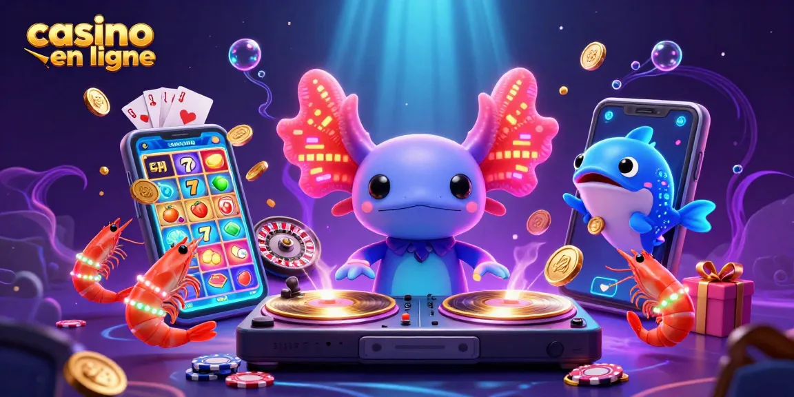 Jouer au casino en ligne avec une illustration d'axolotl DJ animé, mettant en avant des jeux de casino vibrants.