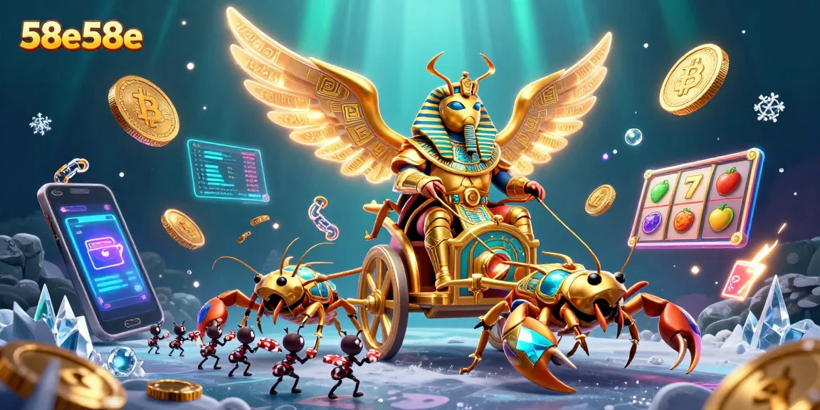 O cassino 58e58e apresenta uma ilustração 3D vibrante de um escaravelho dourado em um carrinho, cercado por símbolos de caça-níqueis.