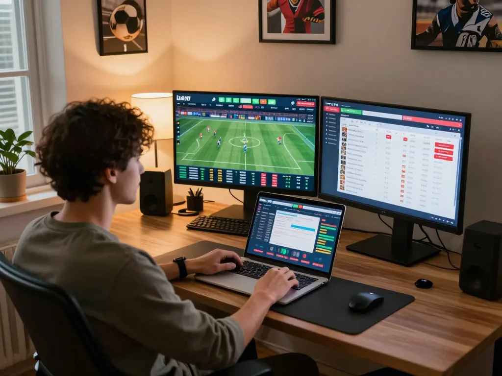 NHÀ CÁI DABET players engrossed in online sports betting with live odds displayed on screens.