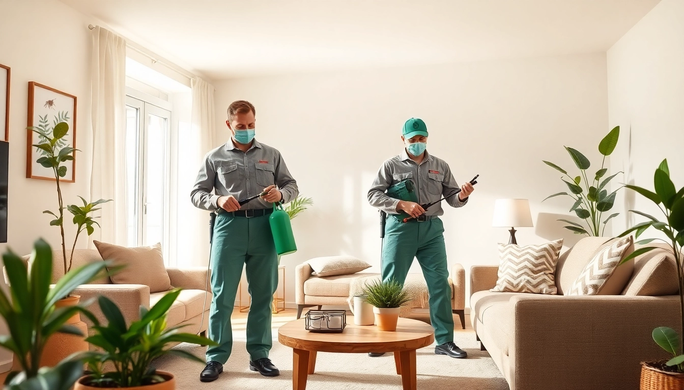Applying home insect treatment service by professionals in a clean living room.