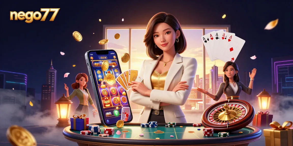 Nego77 offers dynamic slot game action with a professional poker player showcasing confidence in a vibrant casino scene.
