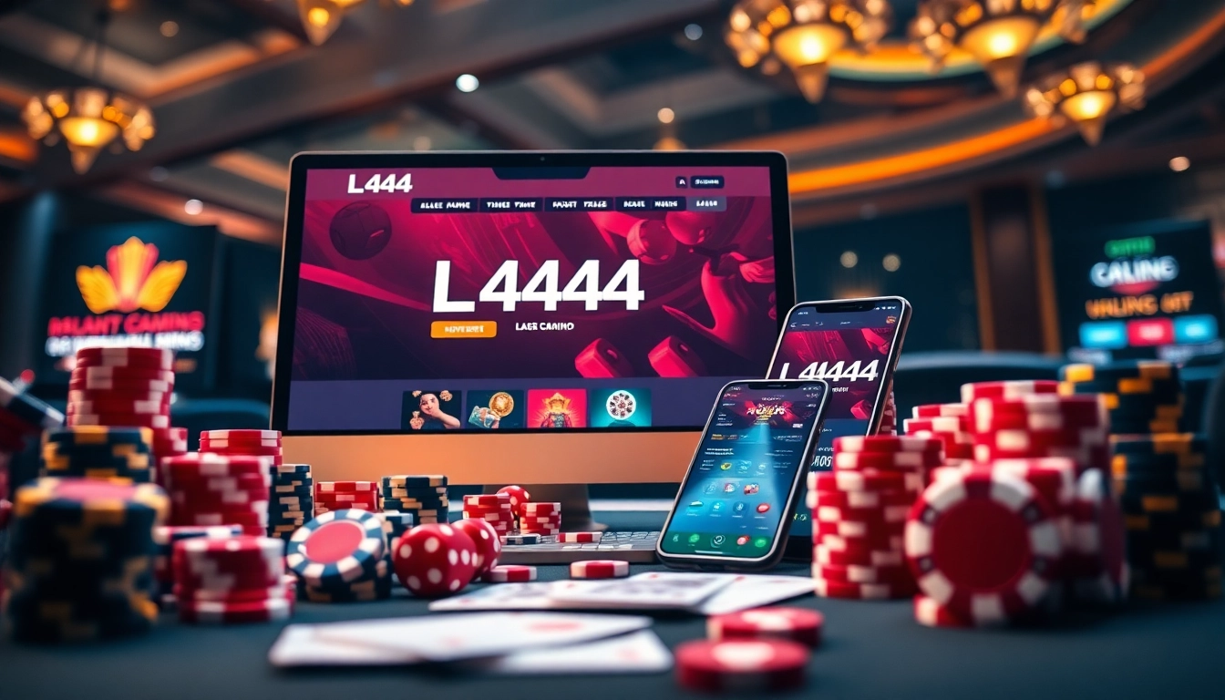 L444 online gambling interface with vibrant casino elements like poker chips and playing cards.
