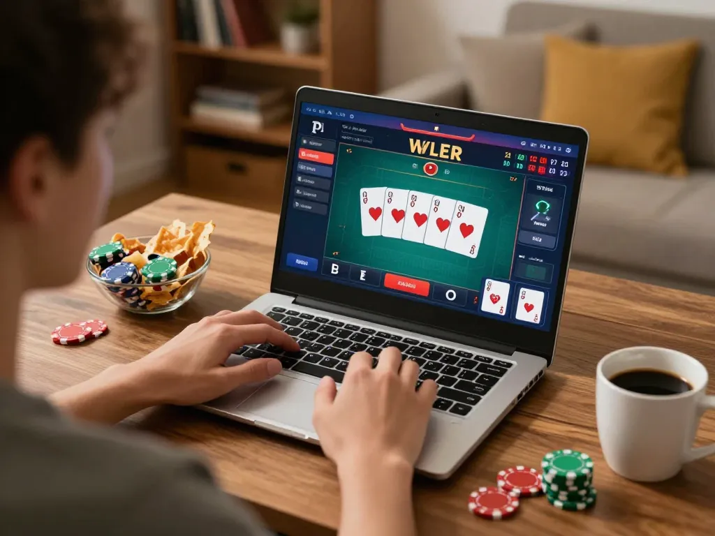 Engaging in online poker at fb88 with a cozy home gaming setup, showcasing excitement and strategy.