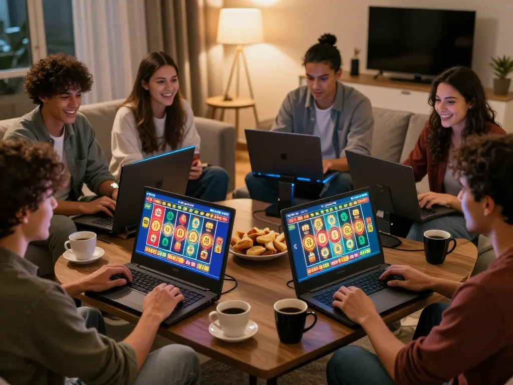 Players enjoying slot depo 2k gaming together in a lively living room atmosphere