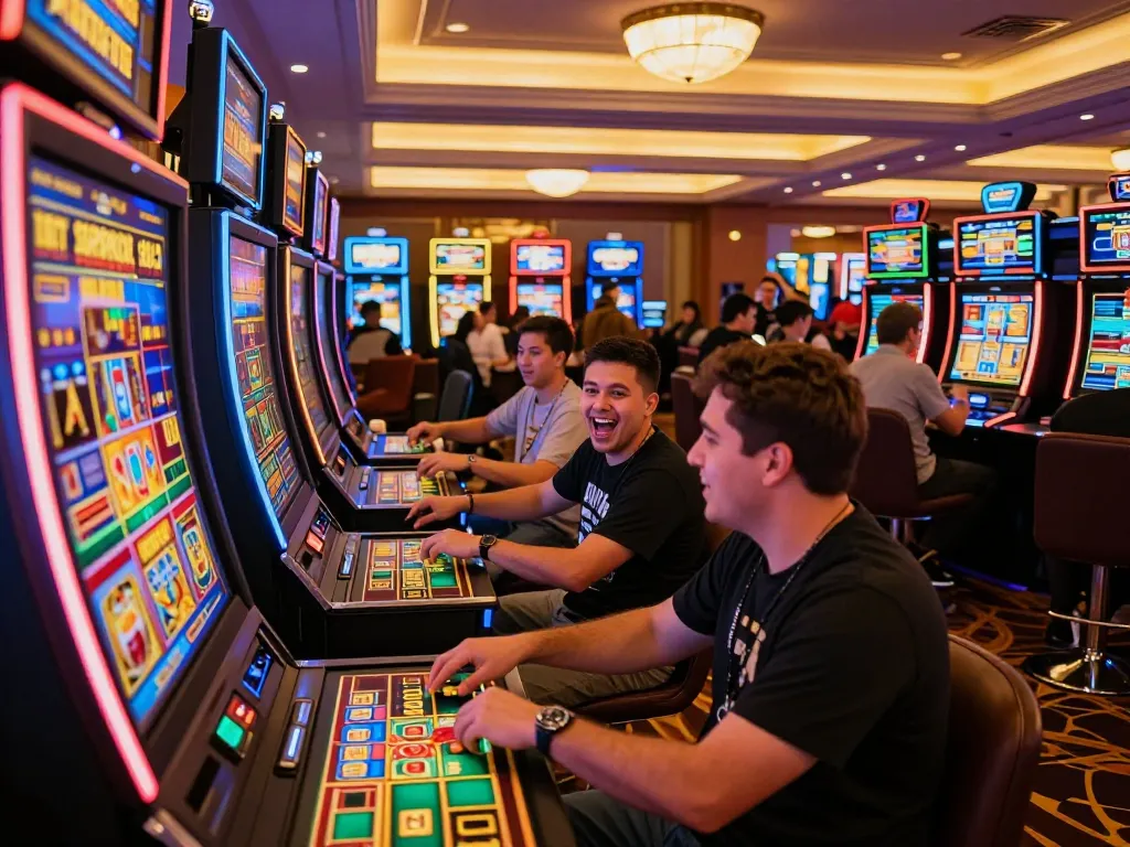 Players celebrating wins on vibrant slot machines at f8beta2 casino, showcasing joyous gaming adventure.