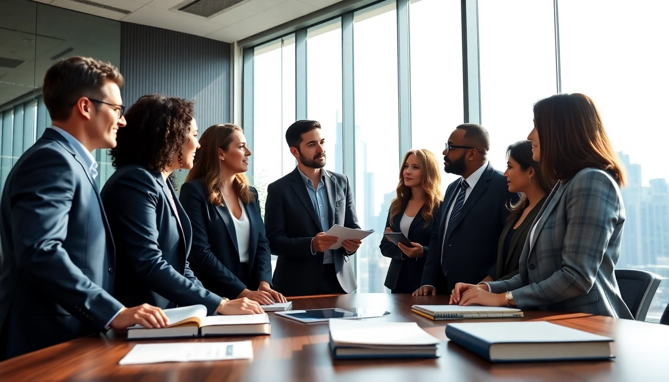 Dynamic group of USA lawyers collaborating in a modern office environment.