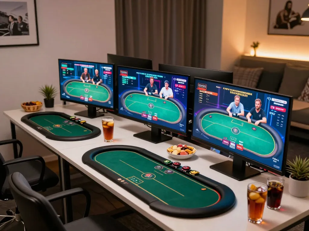 Players engage in online MMOO poker games at home with active screens and cozy ambiance.