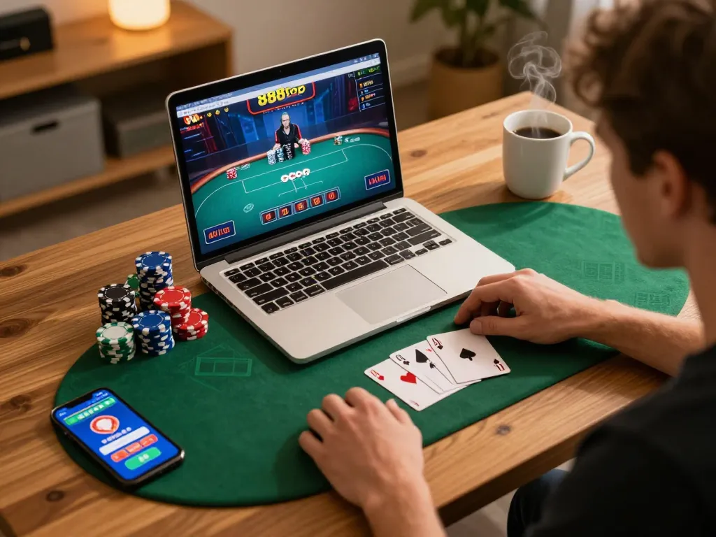 Player strategizing on 888top at home using a laptop and smartphone, showcasing a cozy gaming setup.