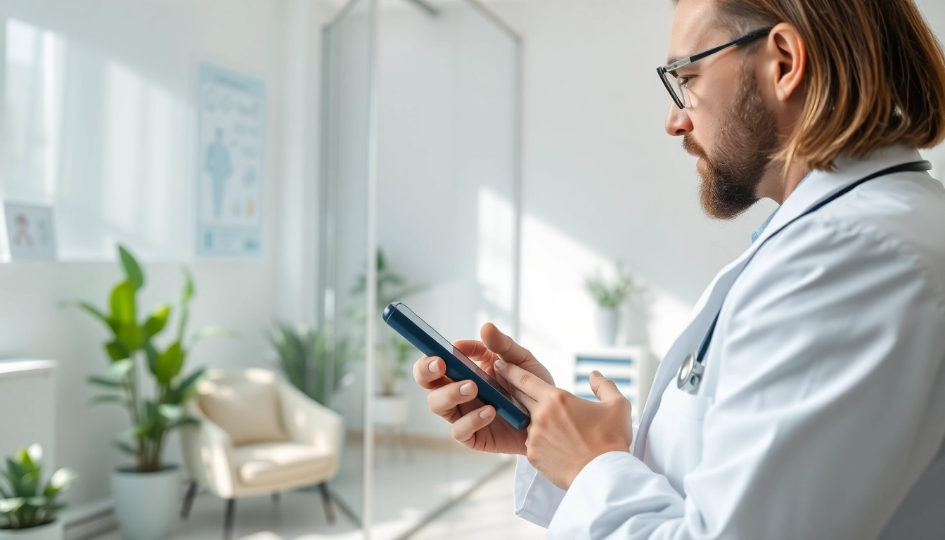 Text a licensed doctor online in a modern medical setting with a healthcare professional.