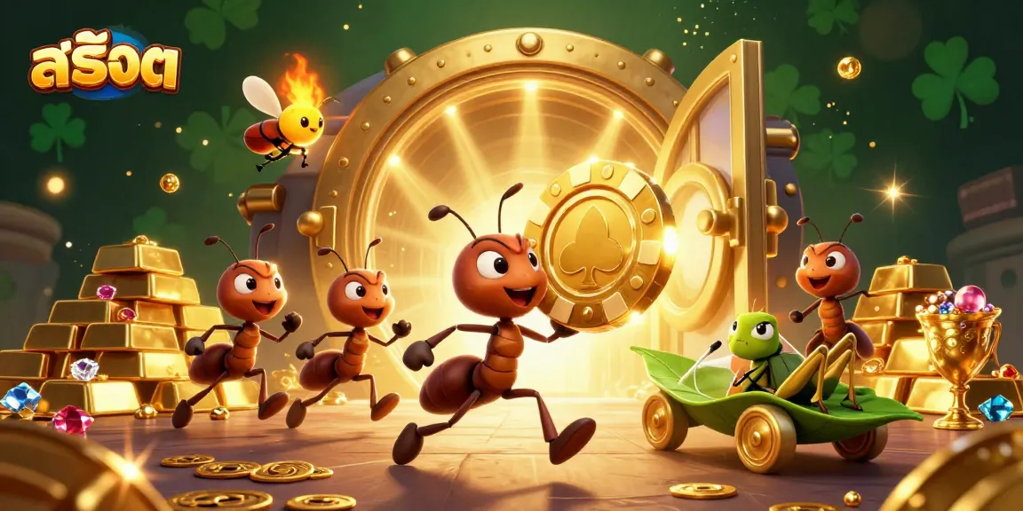 Ants running a heist with a golden poker chip in a rich casino-themed scene, featuring สล็อต elements.