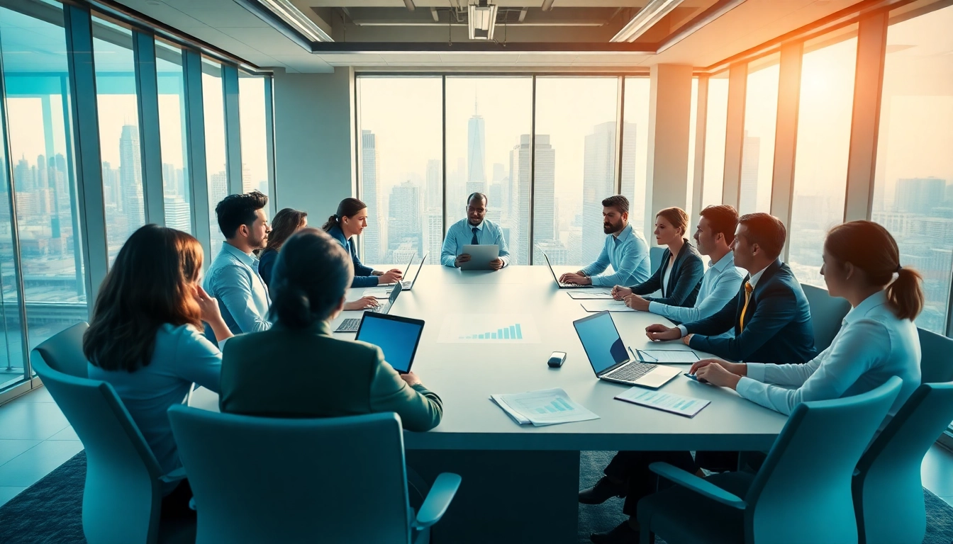 Business team collaborating in a modern office with energetic brainstorming session.