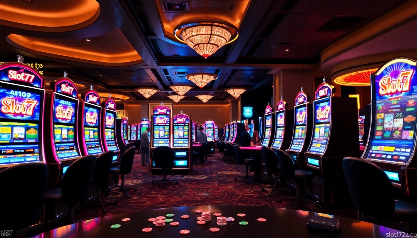 Players enjoying the thrill of slot777 machines in a vibrant casino atmosphere.