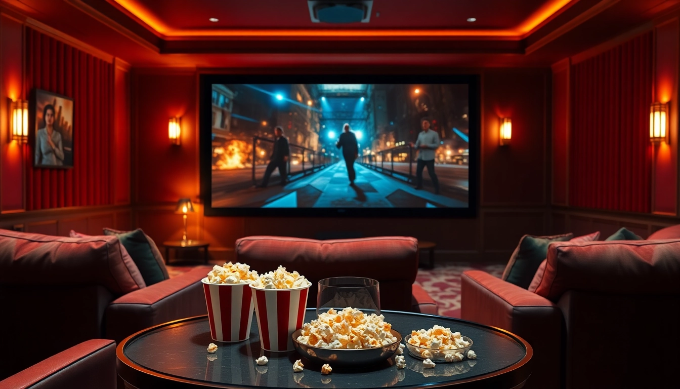 Enjoy watching ดูหนัง in a cozy home theater with cinematic ambiance and comfortable seating.