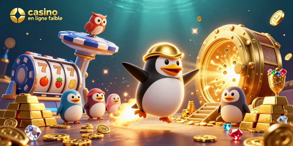 Jouer sur un casino en ligne fiable avec le pingouin doré en fusée, entouré de joyaux.
