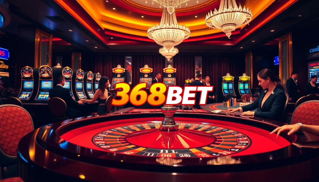 Players enjoying high-stakes games at 368BET casino with vibrant tables and luxury atmosphere.
