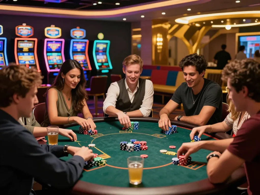 Exciting TK88 casino scene with friends playing poker and vibrant slot machines.