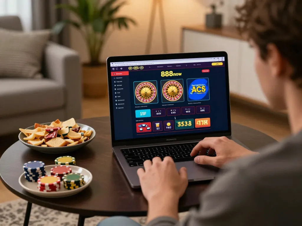Engaging online gaming session with 888now com interface displayed on a laptop, highlighting responsible gaming atmosphere.