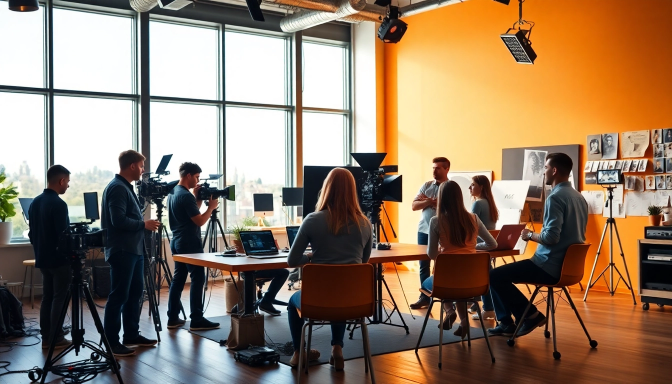 Creative Video Production Agency team collaborating in a vibrant studio setting