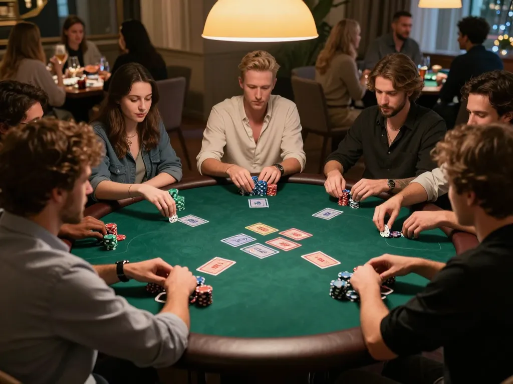 Malam poker yang menarik dengan teman-teman di rumah, menampilkan pemain yang menikmati permainan di alexis500.