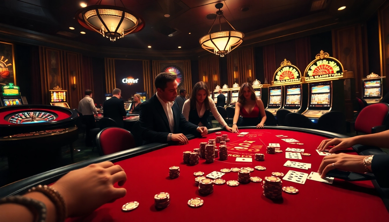 Engaged gamblers celebrate a winning hand in a luxurious casino, focusing on cwin at the poker table.