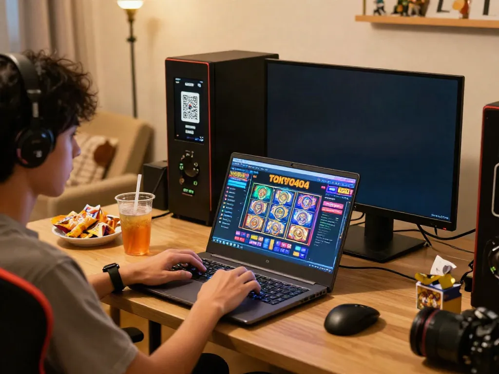 Engaging online gaming experience with slot Thailand interface on a laptop and QRIS payment on smartphone.