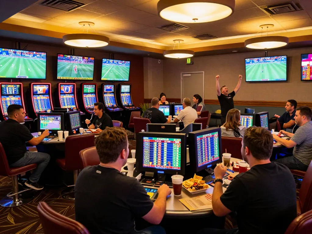 Ok9 patrons engaging in sports betting excitement at a lively casino lounge, analyzing odds and cheering for teams.