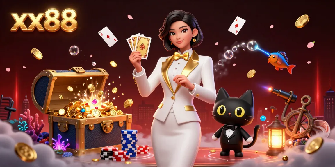 Experience the thrill at xx88 with a glamorous dealer shuffling cards beside a cute cat in a dynamic casino scene.