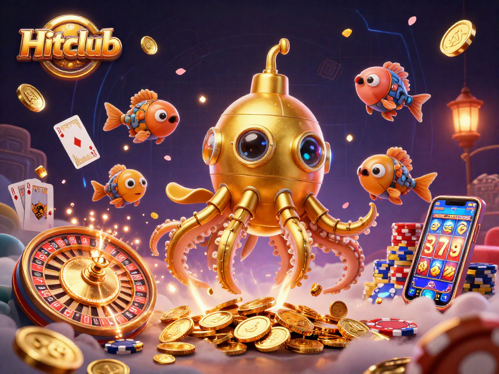 Experience the thrill of Hitclub's vibrant casino scene featuring a golden kraken submarine with dynamic gameplay elements.
