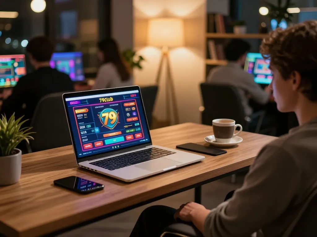 Engaging in online gaming at 79club using a laptop in a cozy home setting.