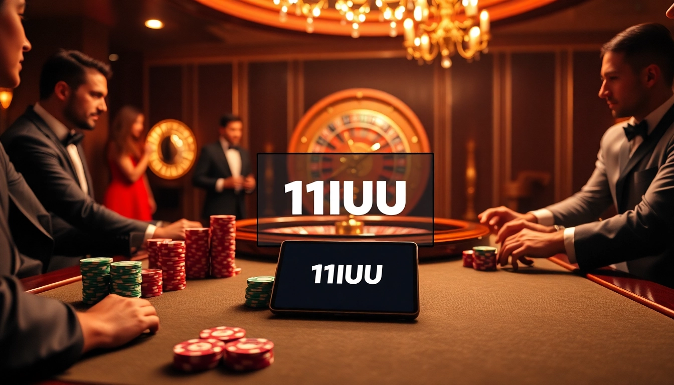 11UU players strategizing at a luxurious poker table with vibrant chips and roulette wheel.