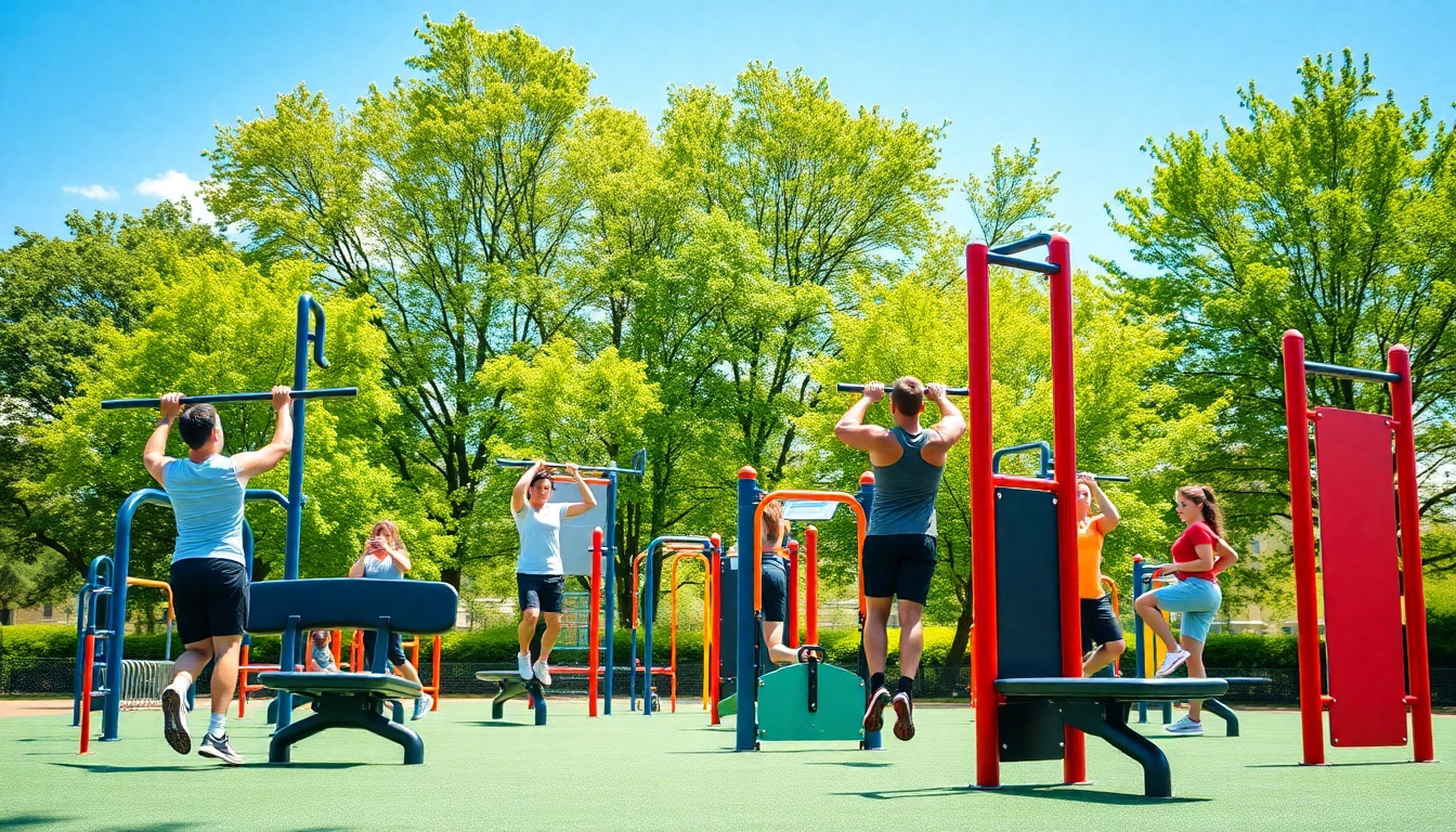 Engaged users utilizing outdoor fitness equipment in a vibrant park environment