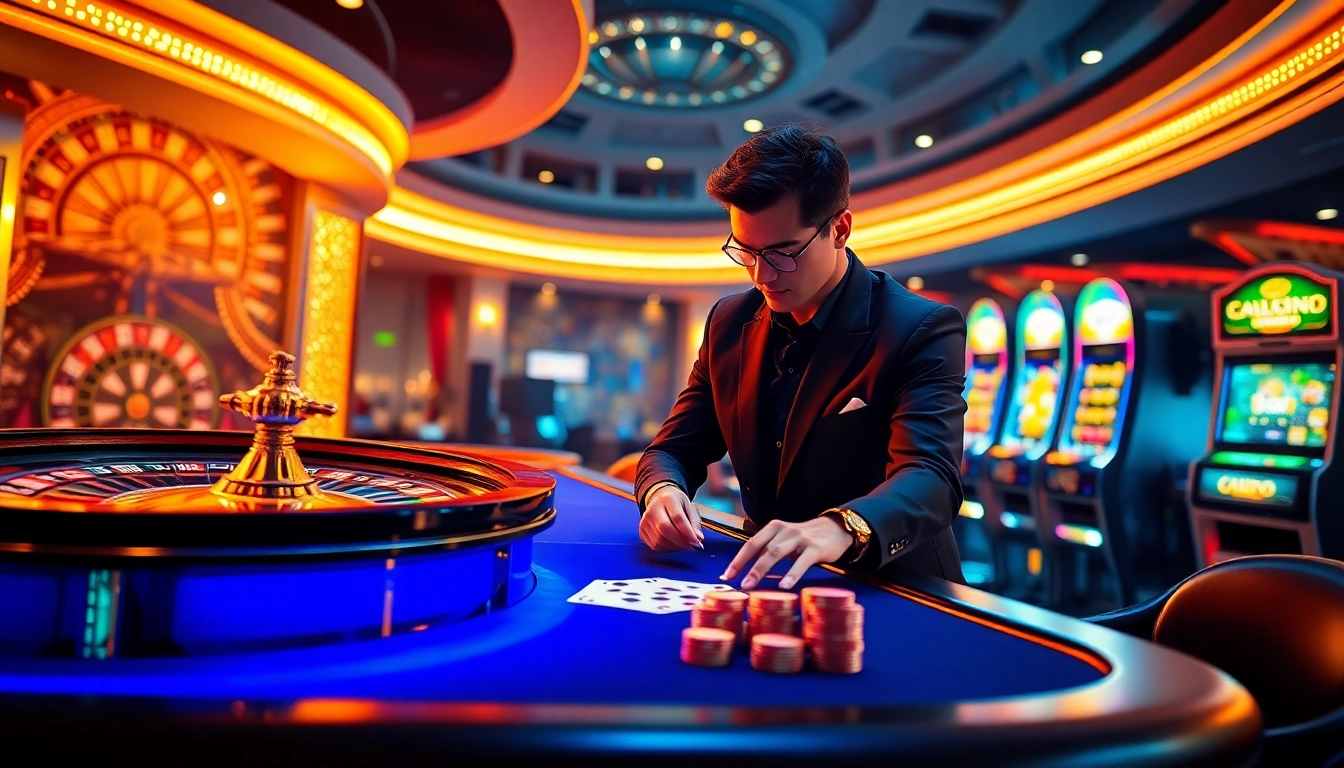 Vivez l'excitation du casino en ligne à travers une scène de jeu moderne et luxueuse.