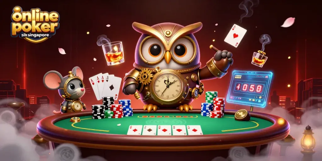 Playing online poker sites in Singapore with a cartoon owl and casino elements.