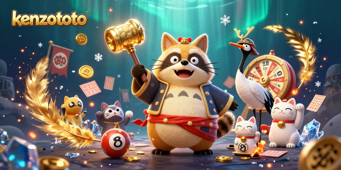 Kenzototo features a cheerful tanuki celebrating with lottery elements, showcasing interactive gaming adventures and vibrant colors.