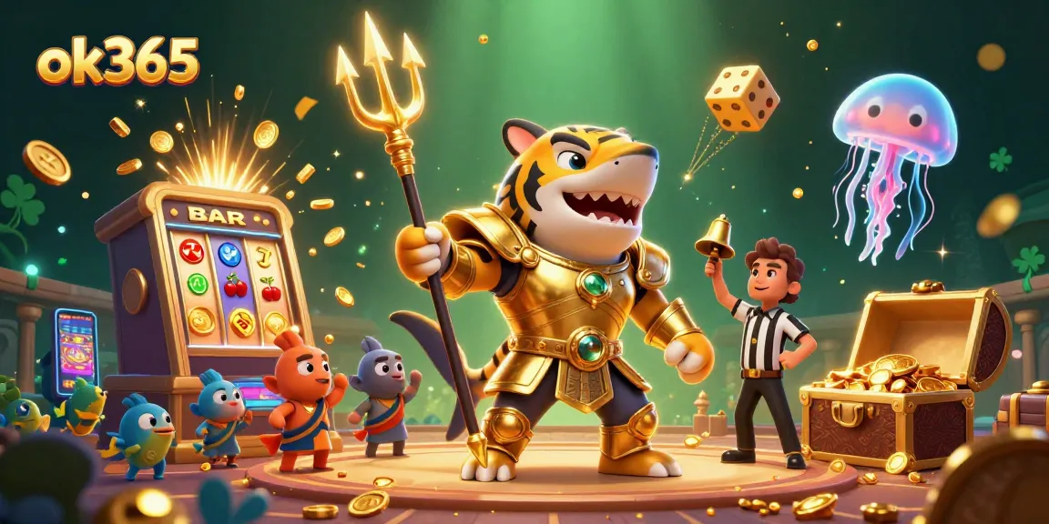 Experience thrilling jackpots with ok365's lively underwater casino scene featuring a shark gladiator.