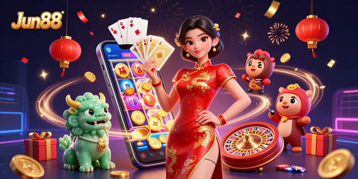 Experience excitement at Jun88 with an elegant dealer revealing golden playing cards in a casino ambiance.