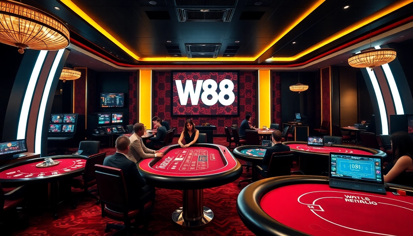 Experience the excitement of w88.nyc with players enjoying Baccarat and Blackjack in a vibrant online casino setting.