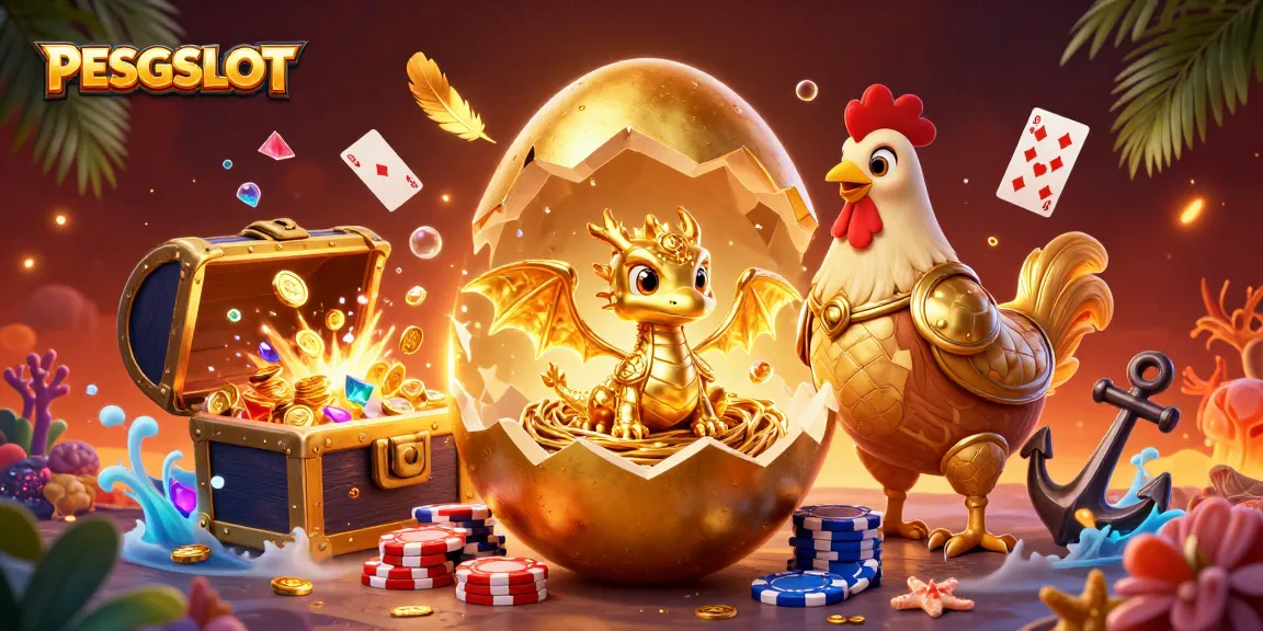PESGSLOT menyajikan ilustrasi 3D kolosal dengan telur emas yang pecah dan naga berkilau, dikelilingi harta karun dan simbol permainan.