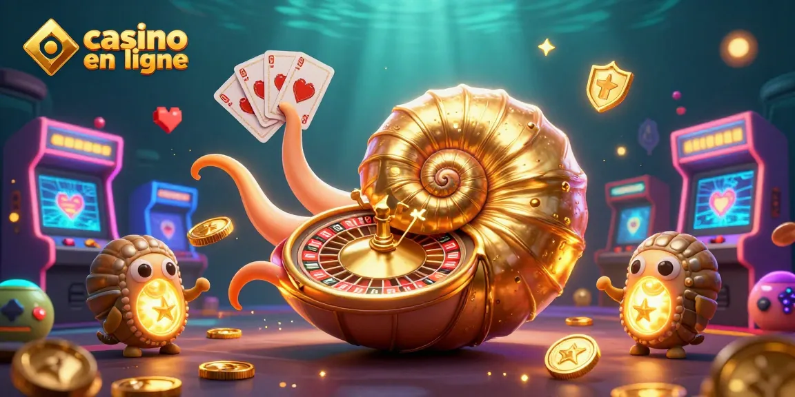 Découvrez l'illustration d'un casino en ligne avec un nautilus géant et des jeux 3D colorés.