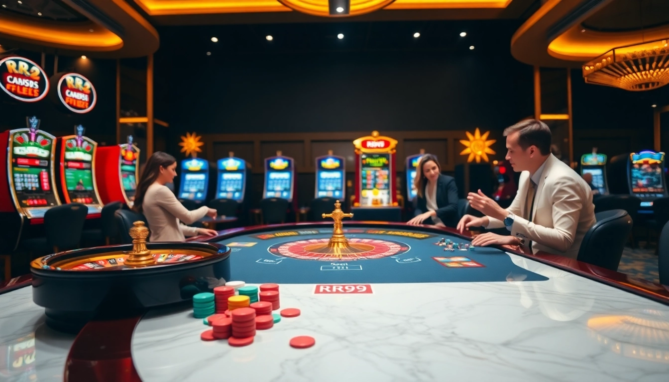 Players celebrating their wins while placing RR99 bet on an elegant casino table filled with chips and cards.