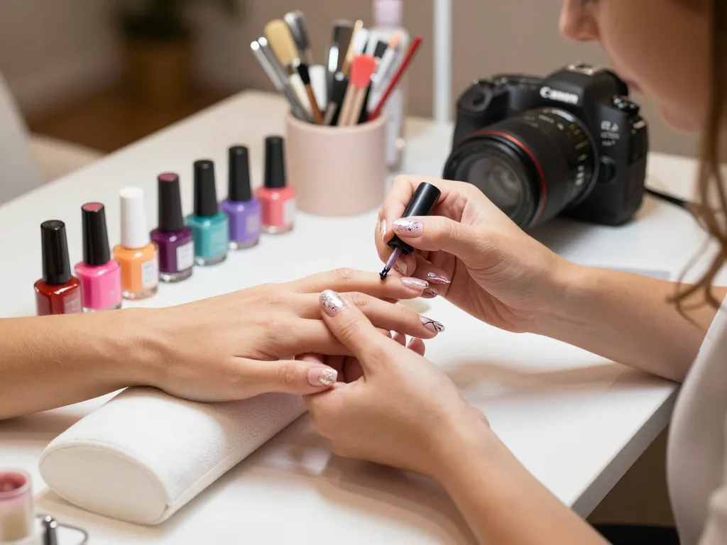 Stylish nail technician applying gel polish on a client’s nails in a hygienic nail salon, showcasing elegant designs and decor.