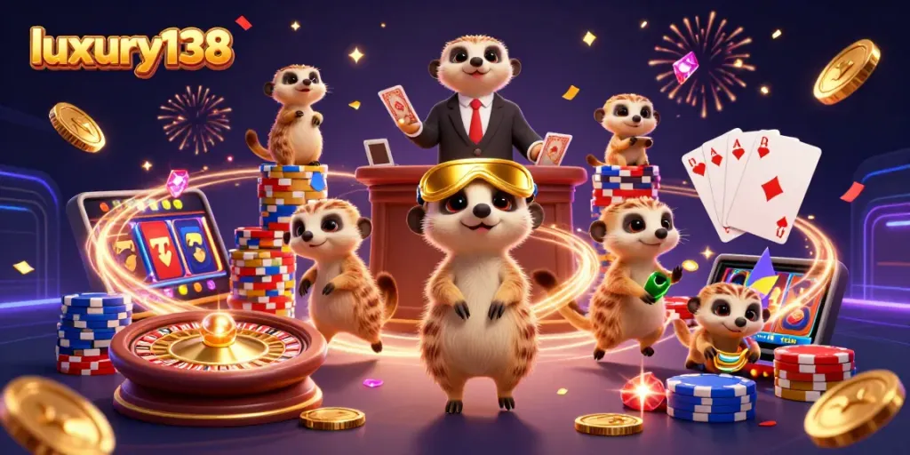 luxury138 memfasilitasi permainan kasino yang meriah dengan meerkat dalam ilustrasi 3D