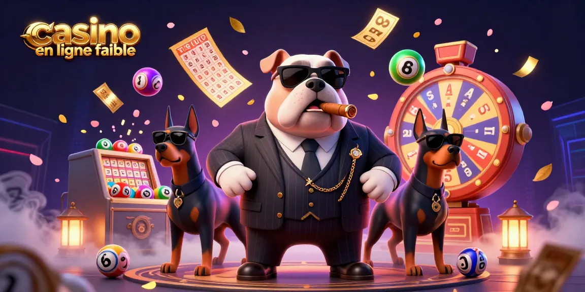 Visualisez un casino en ligne fiable avec un bulldog patron et ses gardes, entouré de jeux excitants.