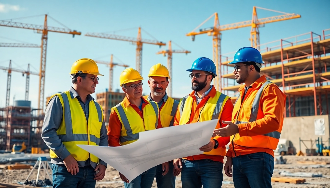 Construction association teamwork displayed at a vibrant job site with active collaboration.